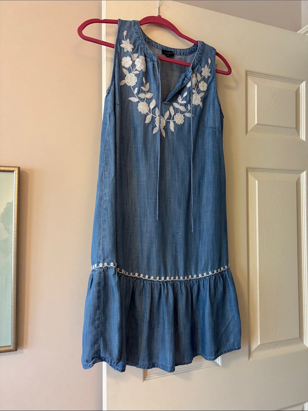 Talbots Blue Sleeveless Embroidered Chambray Mini Dress
